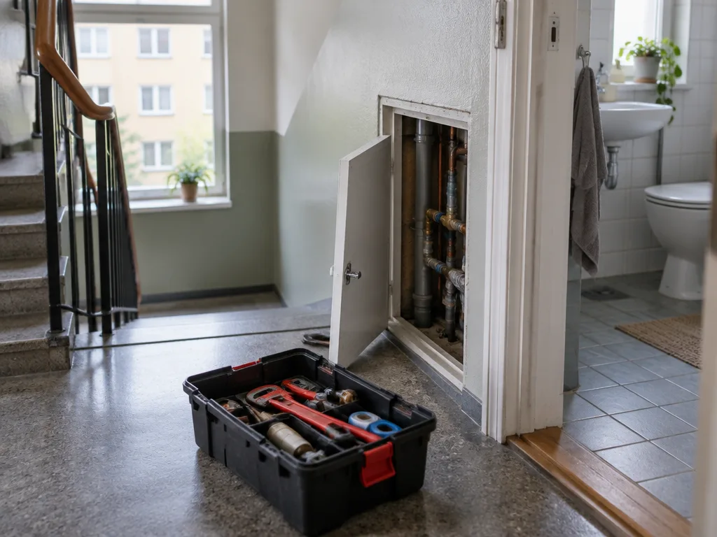Trapphus i ett flerbostadshus med en öppen serviceucka och en verktygslåda vid dörren till ett badrum