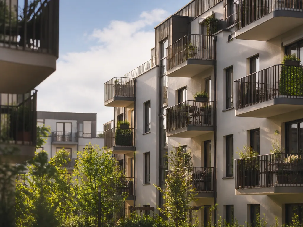Fasad på ett flerbostadshus med balkonger i en svensk bostadsrättsförening