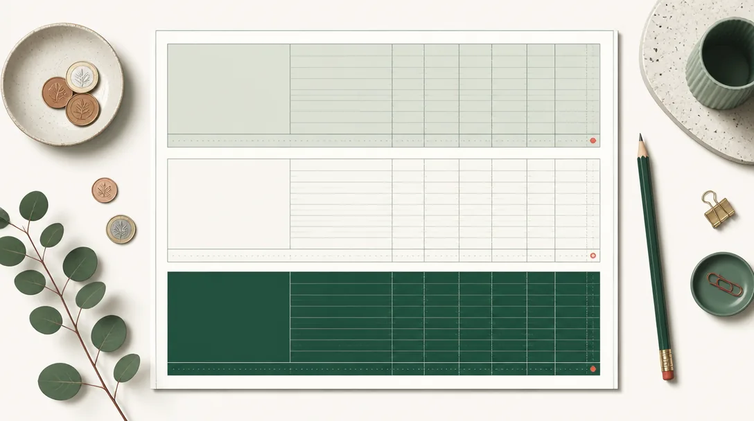 Illustration av en månadsbudget uppdelad i tre färgade fält