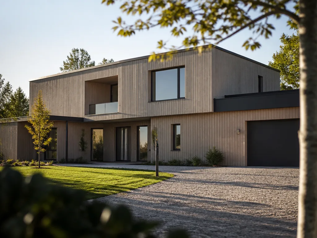 Exteriör av en modern skandinavisk villa med välskött gräsmatta och uppfart i eftermiddagsljus