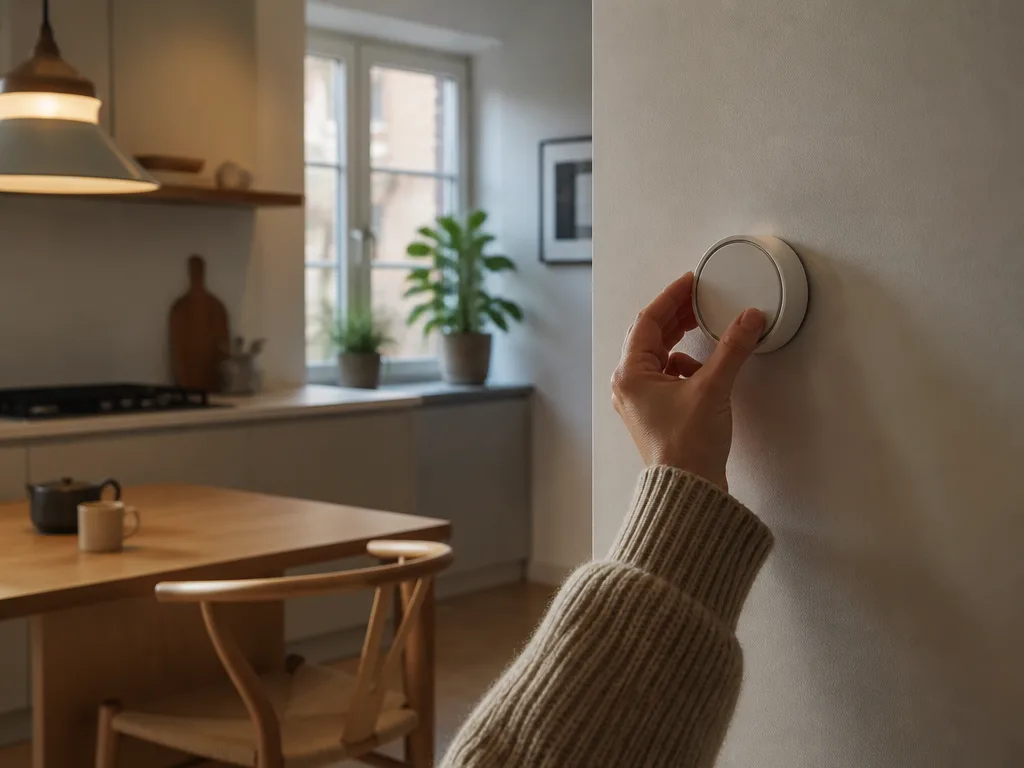Hand som justerar en termostat på väggen i ett varmt upplyst modernt lägenhetskök