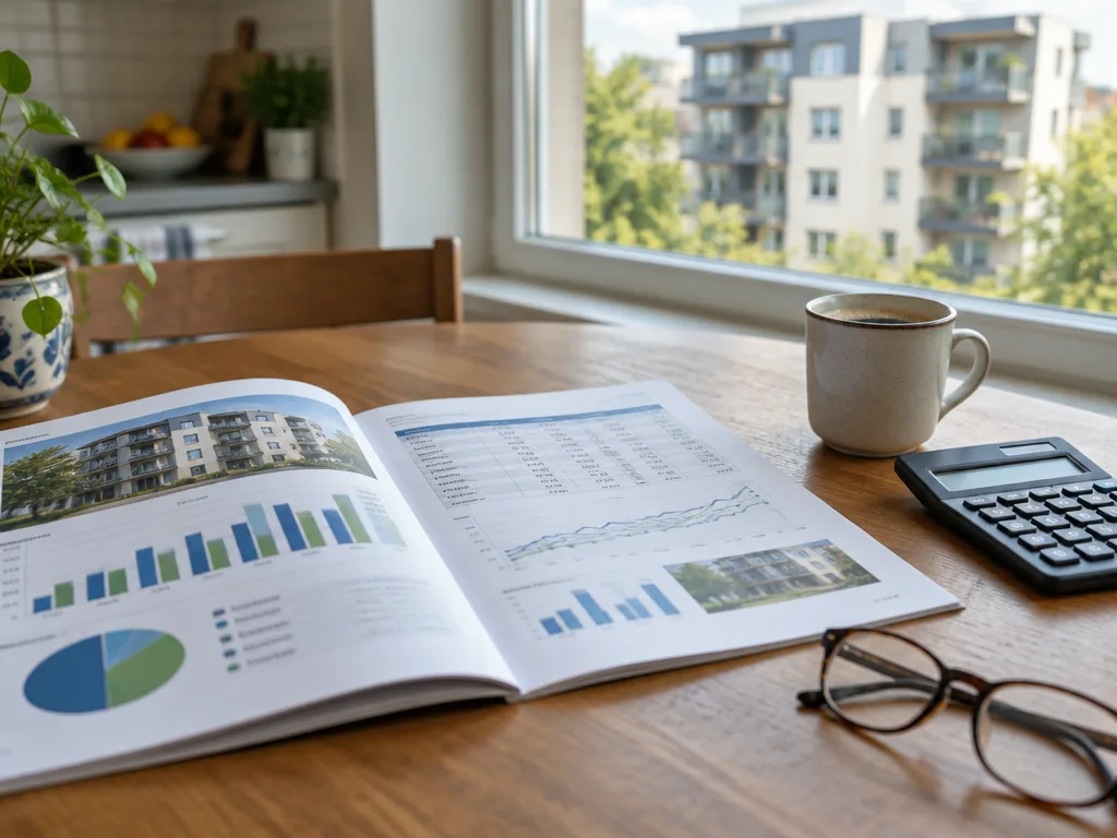 Uppslagen årsredovisning för en bostadsrättsförening med diagram och tabeller på ett köksbord bredvid en miniräknare och en kaffekopp