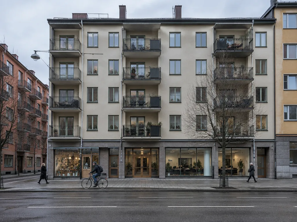 Flerbostadshus i stadsmiljö med butiker och kontor i bottenvåningen och bostäder ovanför