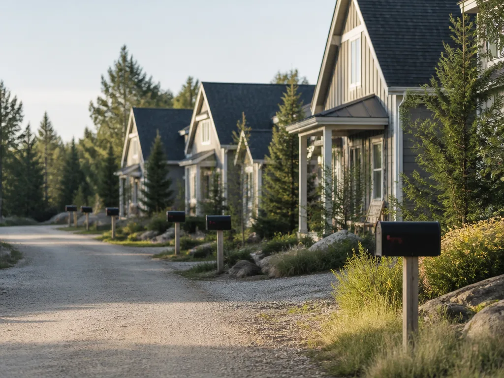 Ett bostadsområde med flera villor längs en gemensam grusväg med brevlådor