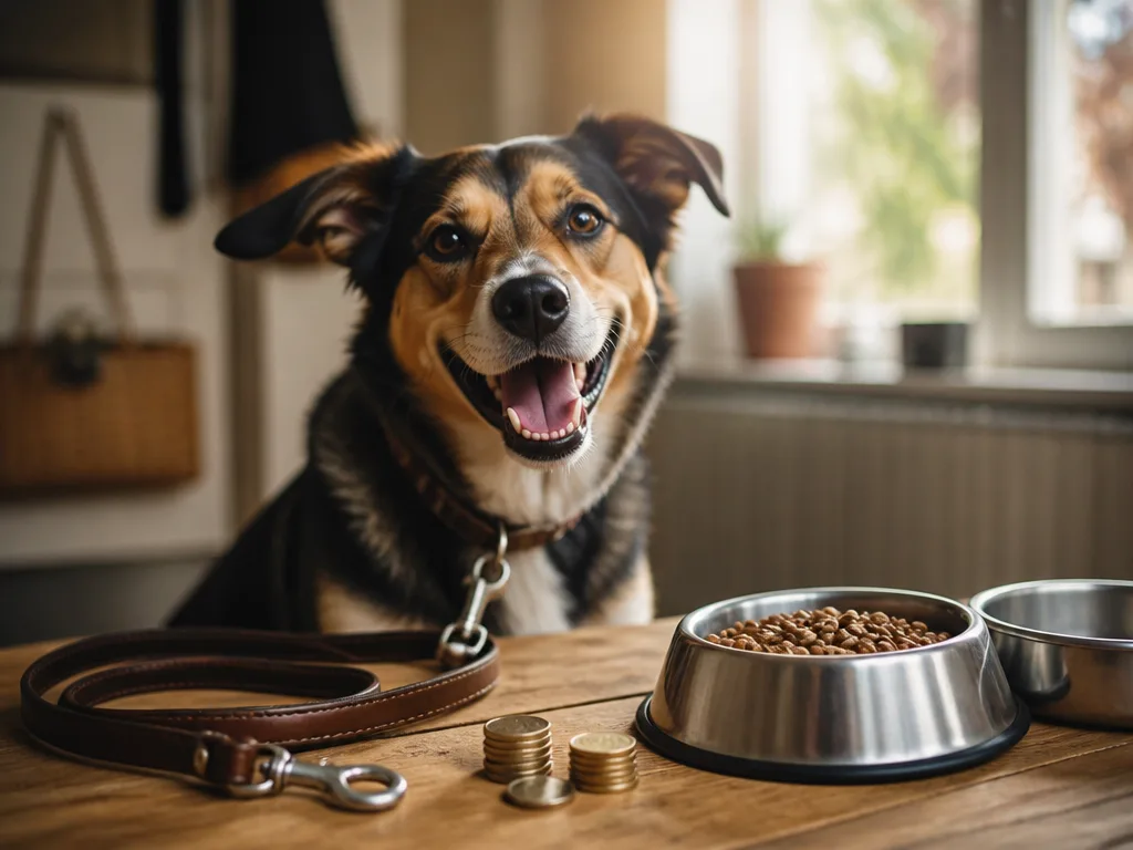 Hund vid matskål och koppel bredvid en liten hög med svenska kronor på ett träbord