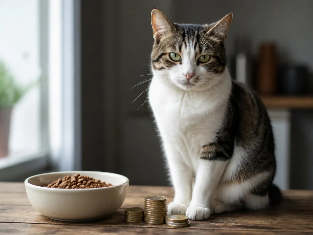 Katt vid en matskål bredvid en liten hög med svenska kronor på ett träbord